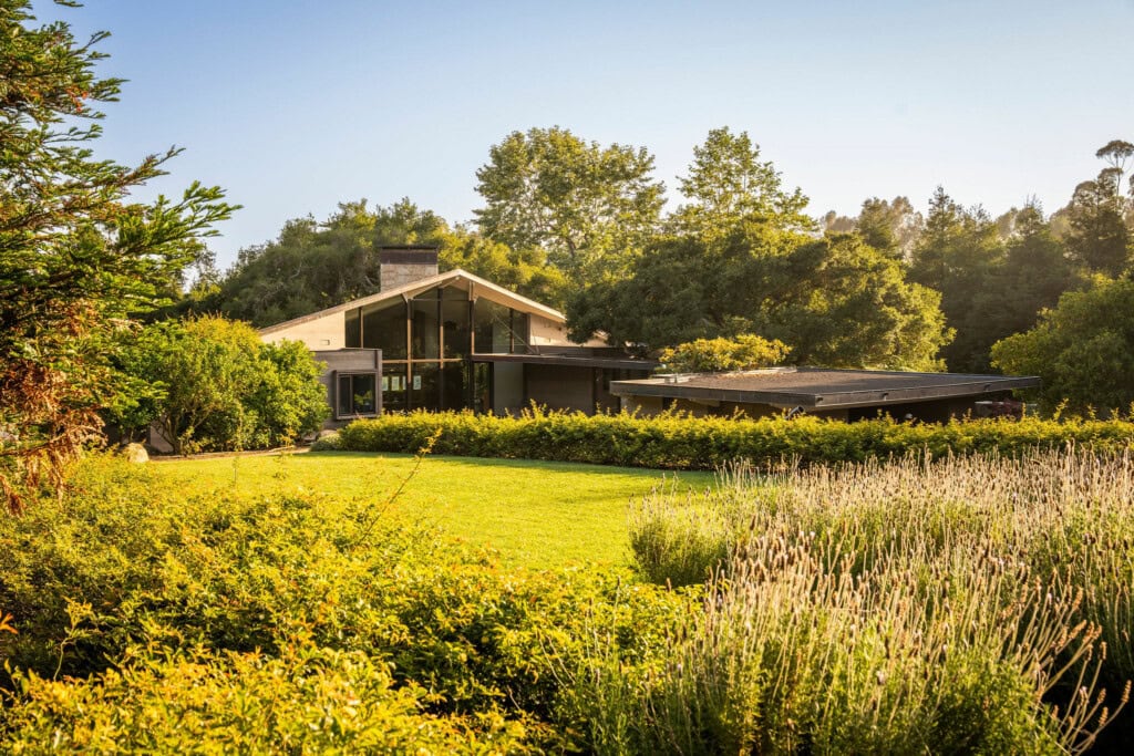 Lavender garden and bocce court at The Erving House, landscape design by Thomas Church.