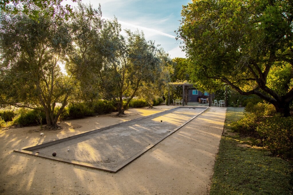 Lavender garden and bocce court at The Erving House, landscape design by Thomas Church